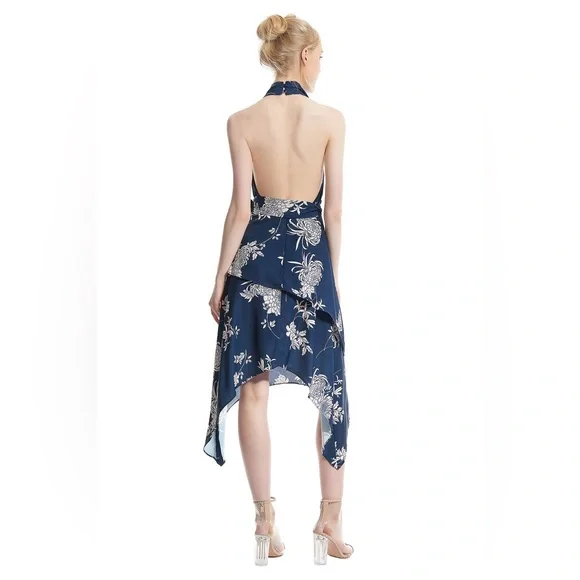 Keepsake The Label Asymmetrical Floral Blue Satin Halter Midi Cocktail Dress M - Picture 4 of 10